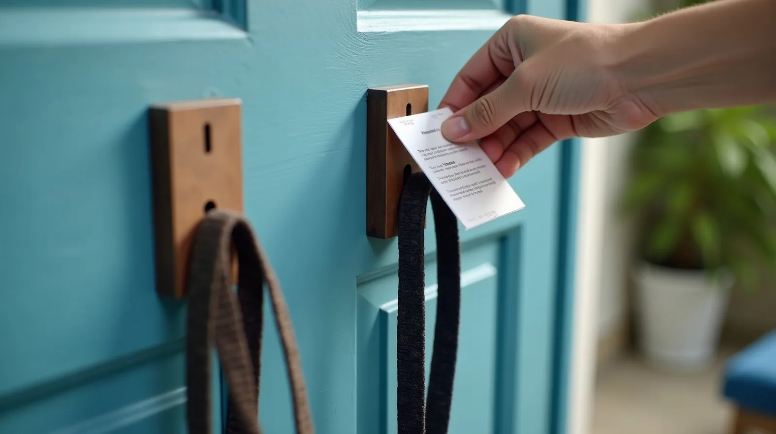 A close view of hands pressing an adhesive hook onto a painted door frame, with a coiled charging cable and a dog leash already hanging from two hooks beside it