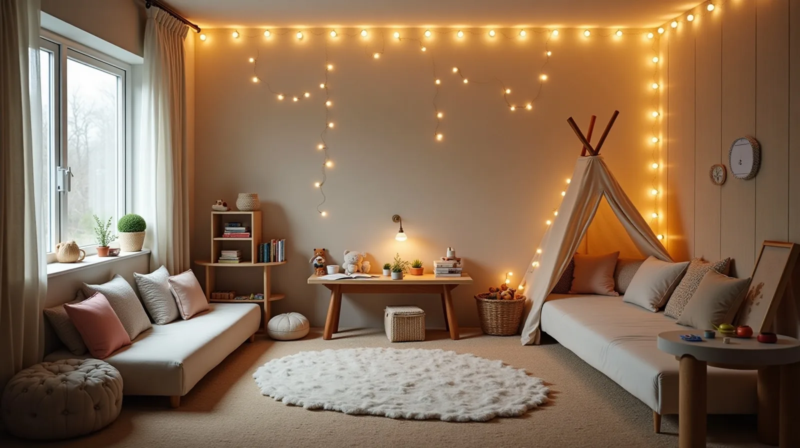 A playroom divided into small zones with a block-building corner, a low art table with crayons and paper, a cushioned reading nook and a sheet fort strung with fairy lights