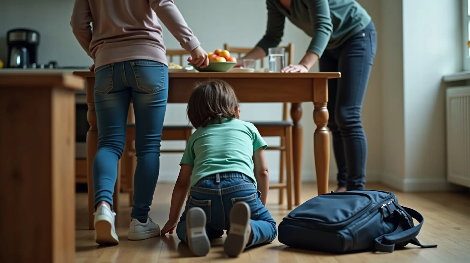 A school-age child seen from behind slumped over a kitchen table beside a dumped backpack while an adult sets down apple slices and a glass of water