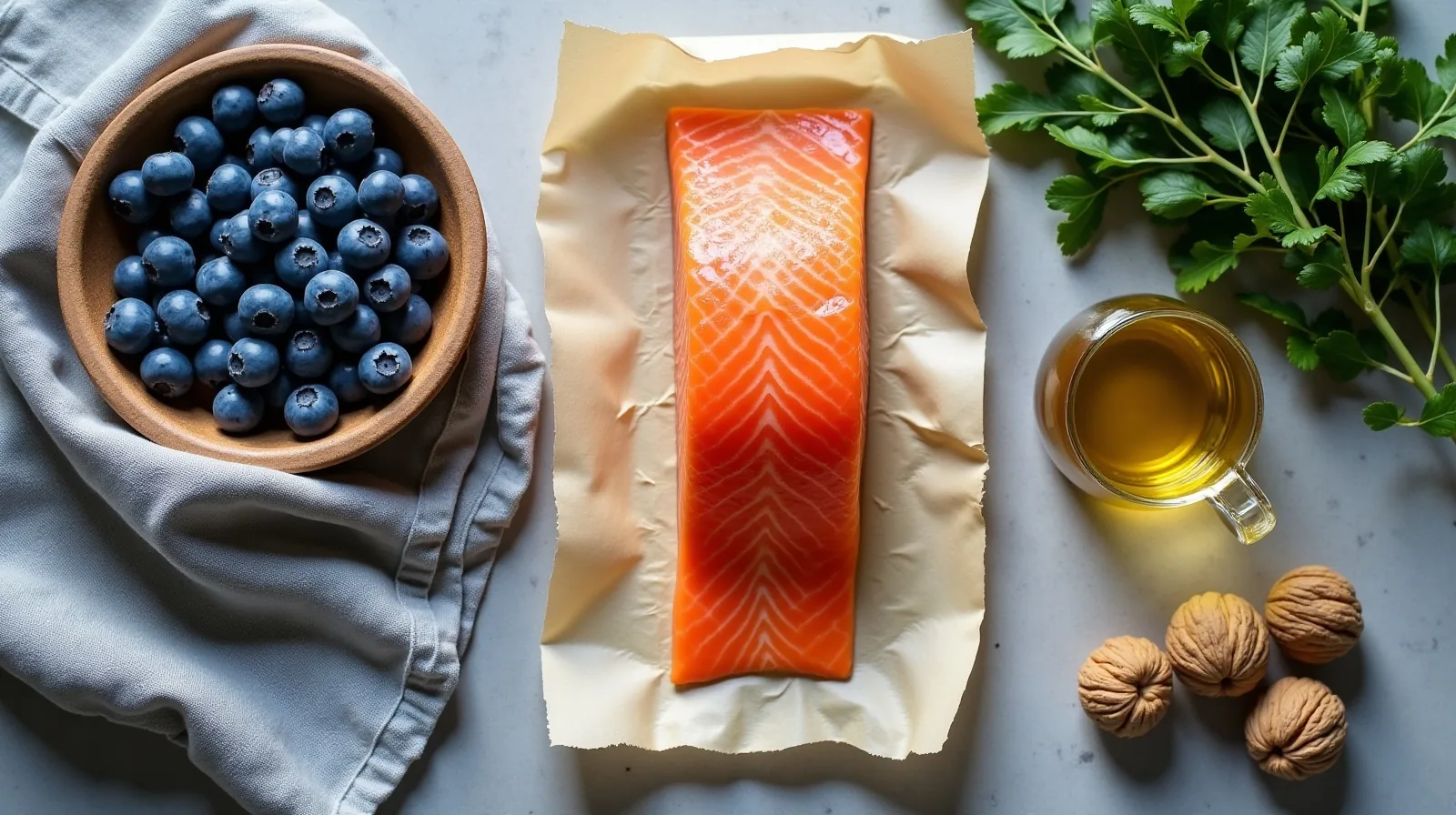 Salmon fillet, bowl of blueberries, leafy greens, a pitcher of olive oil and walnuts arranged on a stone counter.
