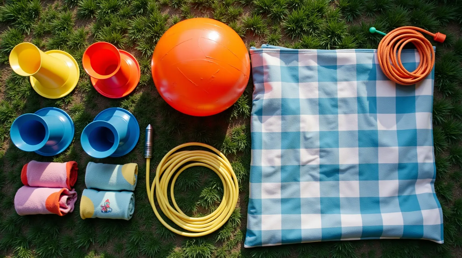 A scuffed playground ball, plastic cones, a coiled jump rope, rolled socks, a laundry basket and a folded blanket laid out on backyard grass beside a garden hose