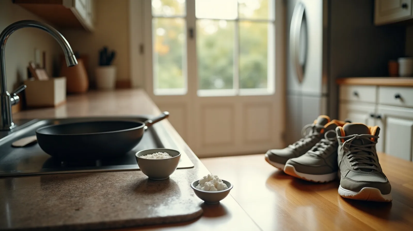 A lived-in kitchen mid-cleanup with a scorched pan soaking in the sink, a shallow bowl of white powder on the counter, and sneakers airing by the back door