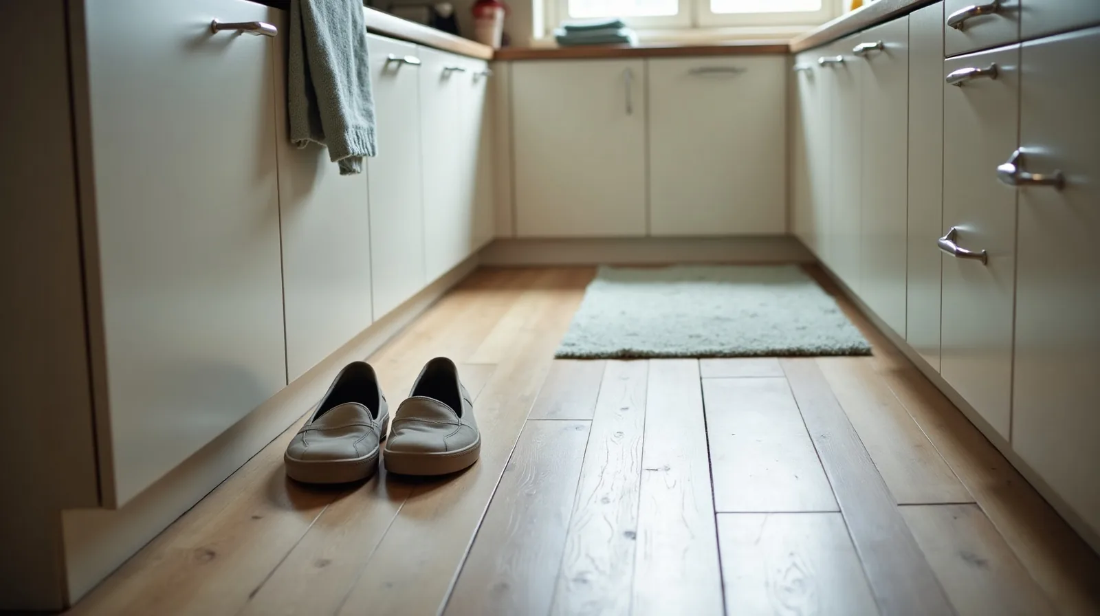 A kitchen counter beside a cleared stretch of floor with grippy flat shoes and a folded towel set out for balance practice