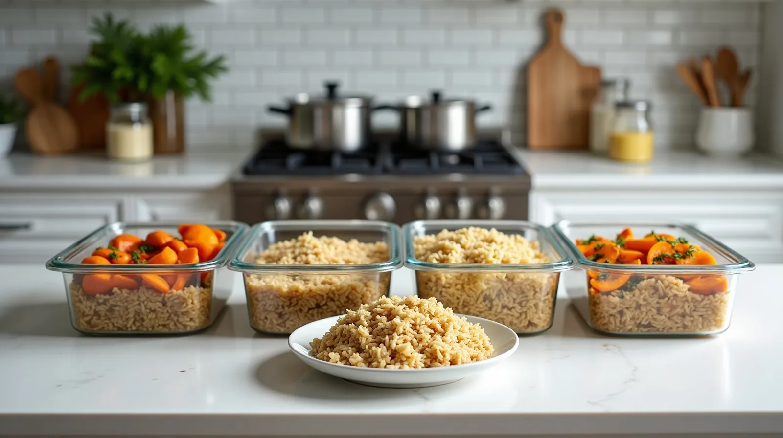 A wide kitchen counter covered with open glass containers of cooked grains, roasted vegetables and shredded chicken beside a finished dinner bowl assembled from them