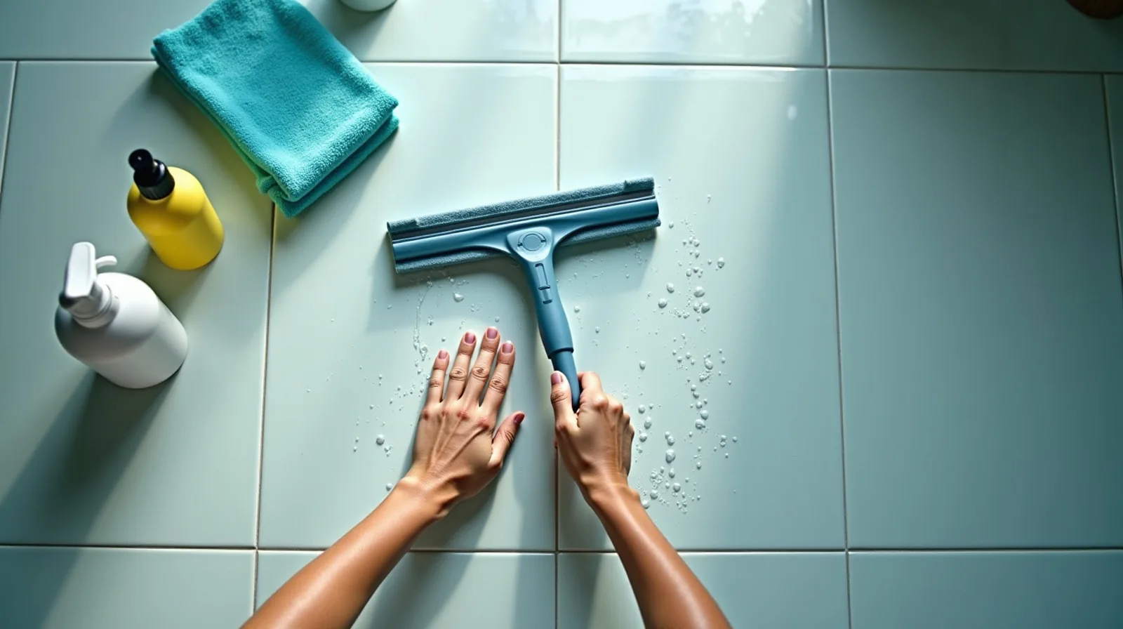 A pair of hands drawing a squeegee down a wet glass shower door, with a folded microfiber cloth and a spray bottle sitting on the tiled ledge beside a row of upturned bottles