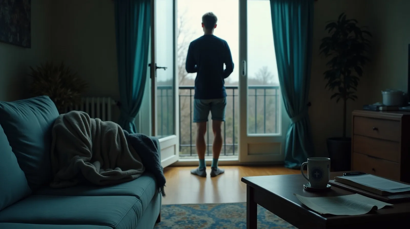 A person in socks standing with their back to a lived-in living room at an open balcony door, with a rumpled blanket on the sofa, a book face down on the arm, and a half-finished mug on the side table