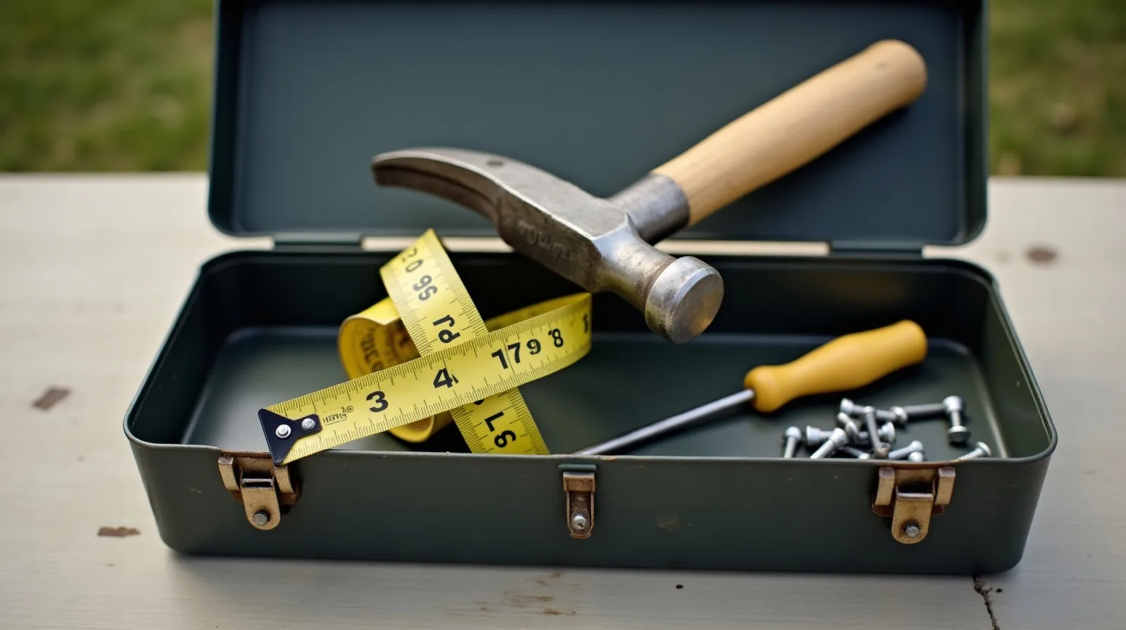 A claw hammer and a locking tape measure resting on the open lid of a small toolbox with loose screws and a screwdriver beside them