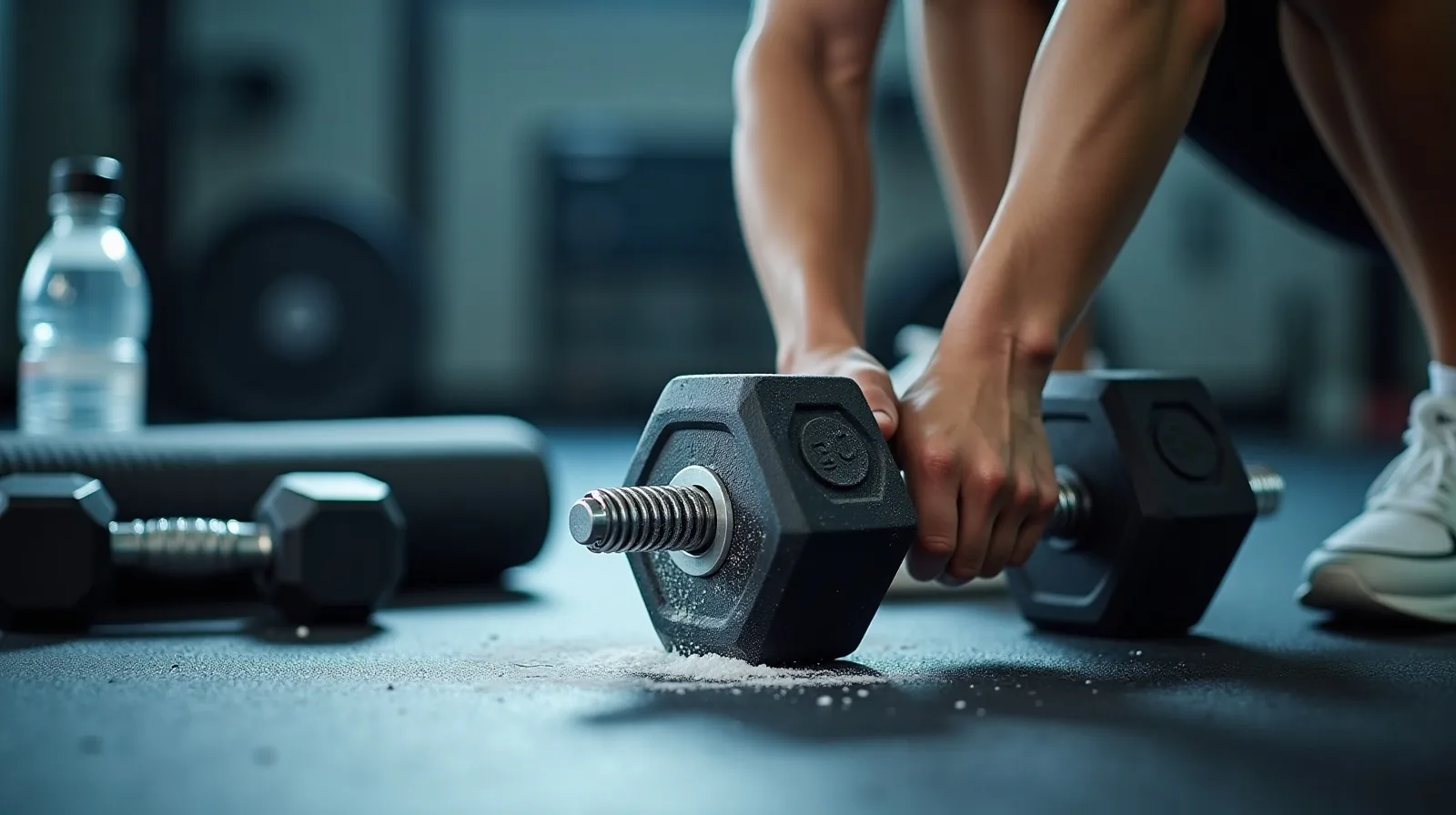 A close view of two hex dumbbells resting on a rubber gym floor next to a chalked hand gripping a third dumbbell handle