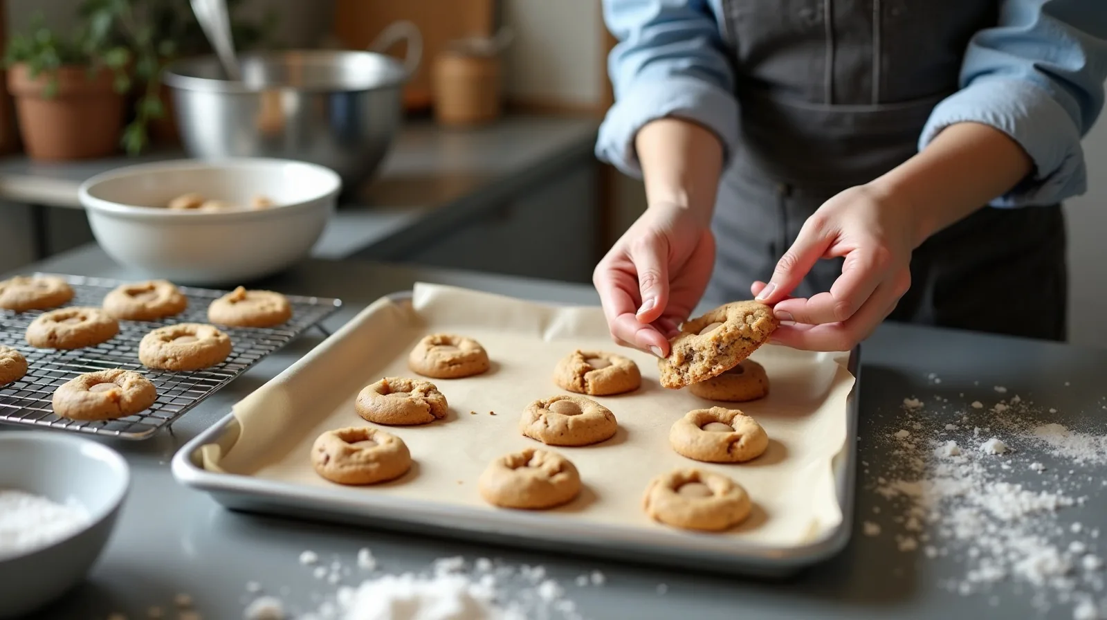 A pair of hands scooping cookie dough onto a parchment-lined baking sheet on a busy kitchen counter, with a mixing bowl, a wire rack of baked cookies and scattered flour.