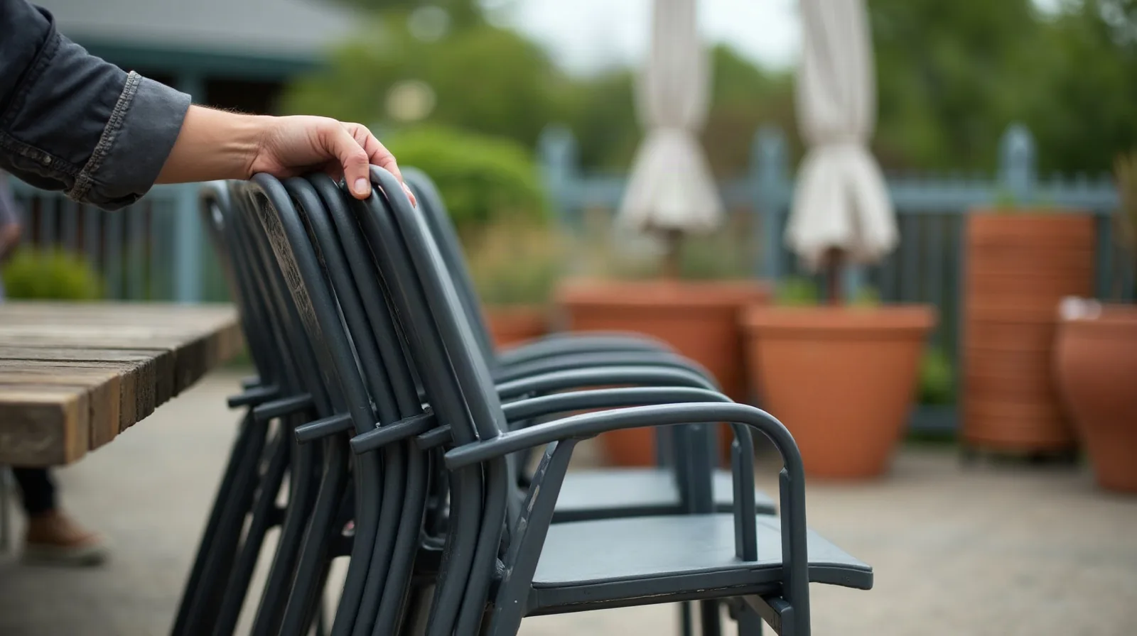 A hand lifting the corner of a stack of folded patio chairs on an outdoor garden center clearance table, folded market umbrellas leaning against a rail and stacked terracotta planters blurred in the background