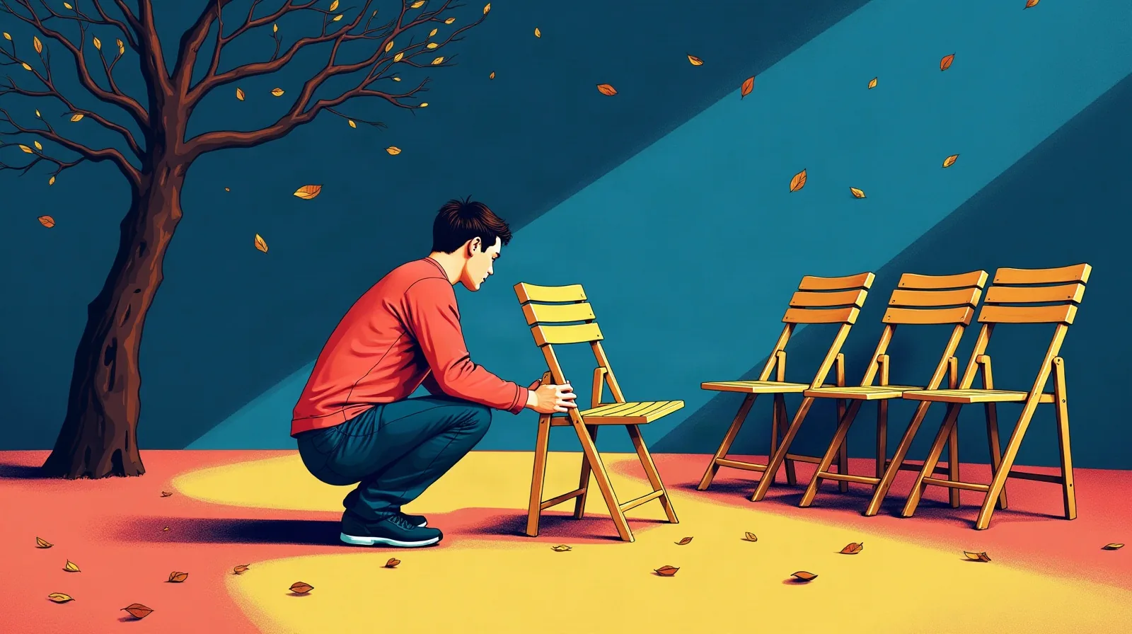A flat illustration of a person crouching to lift a folded outdoor chair from a stack lit by a single warm spotlight, with other identical furniture stacks nearby sitting in cool shadow, autumn leaves scattered on the ground