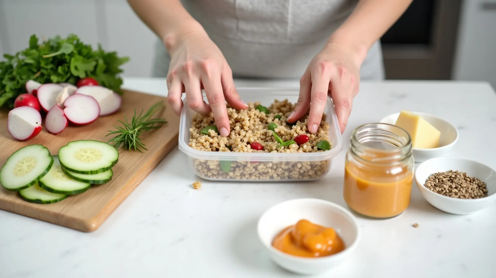 Hands packing a divided lunch container on a white counter beside a board of sliced cucumber and radish, a bowl of cooked grains, a jar of dressing and a dish of toasted seeds