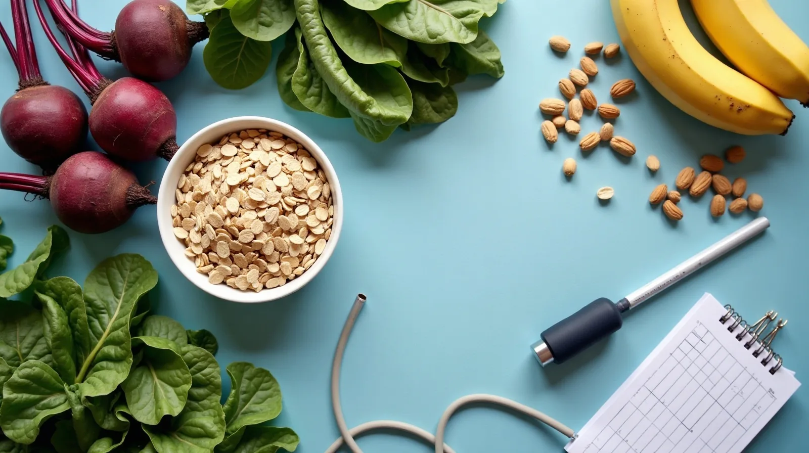 An overhead view of leafy greens, beets, oats, bananas and unsalted nuts arranged on a kitchen counter beside an upper-arm blood pressure cuff and a paper log