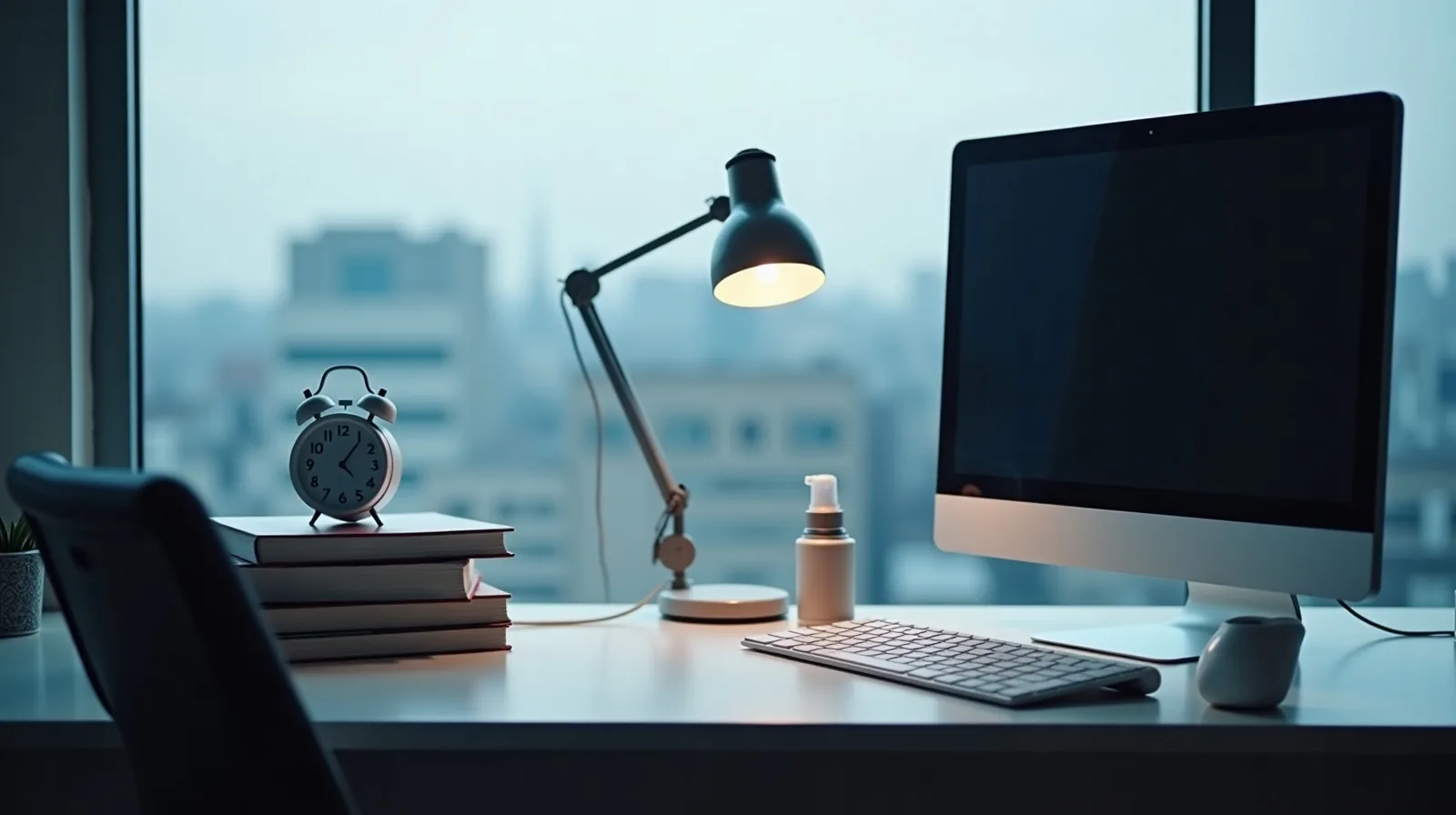 A desk beside a window with a monitor at arm's length angled away from the glass, a small lamp, a kitchen timer on books and eye drops near the keyboard