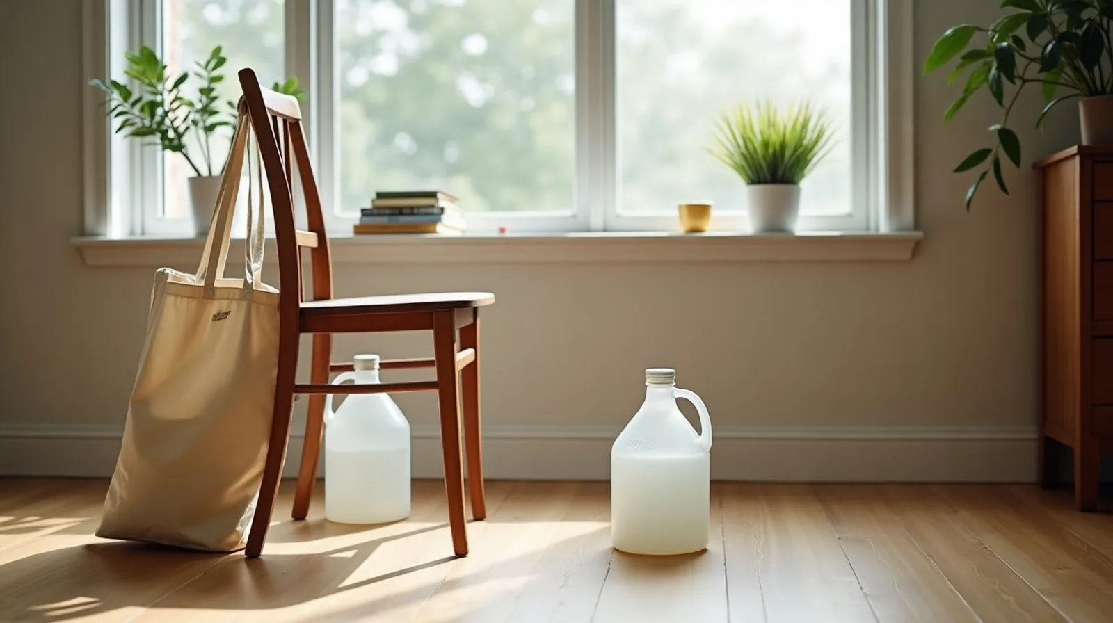 A sturdy wooden chair on a cleared floor with a book-loaded tote bag propped against it and two filled water jugs alongside