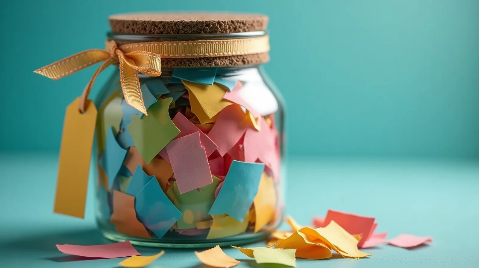 A glass jar packed with folded colored paper slips, its lid decorated with ribbon and stickers, one slip pulled halfway out