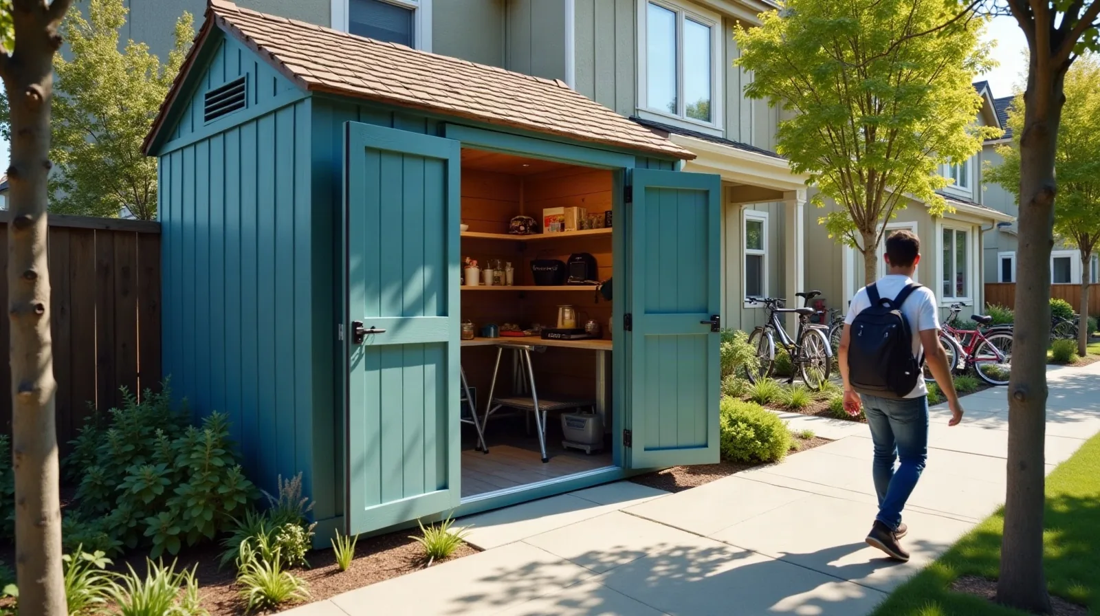 A teal neighborhood sharing shed with its double doors open on a sunny residential sidewalk, shelves inside holding a folding table, a stepladder and small kitchen gear, while a person with a backpack walks past and bicycles are parked nearby