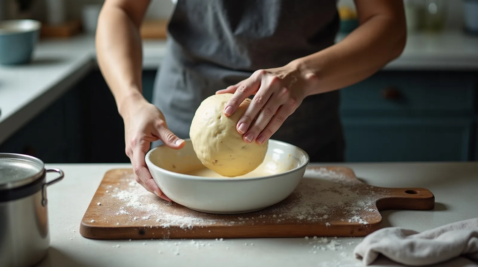 Floured hands turning a wet round of dough out of a mixing bowl onto a scarred wooden board beside a heavy lidded pot and a bench scraper