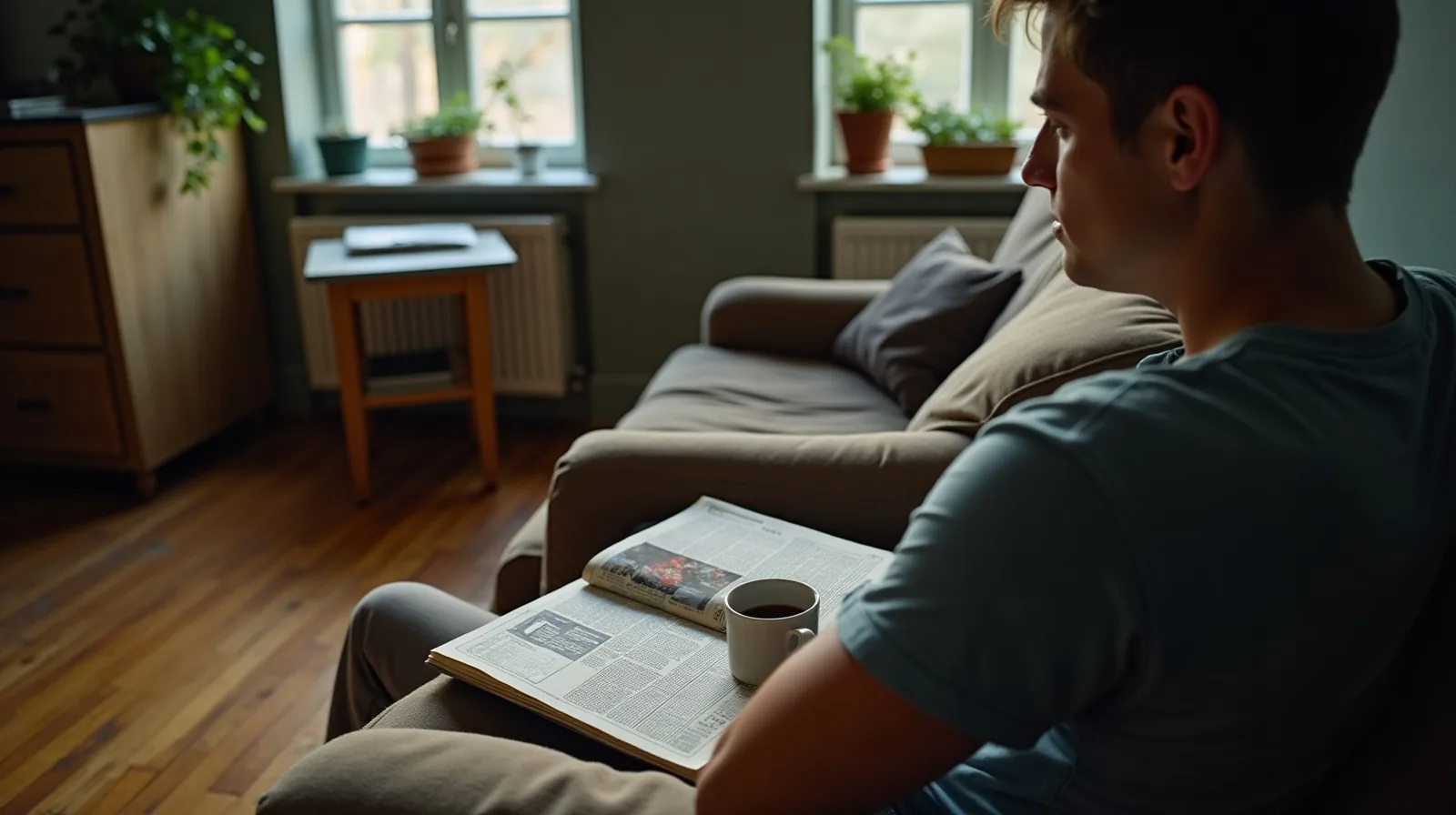 A person sitting in profile on a couch with a phone lying face down on the armrest beside a half-finished crossword, a cold mug and a charging cable trailing to the wall