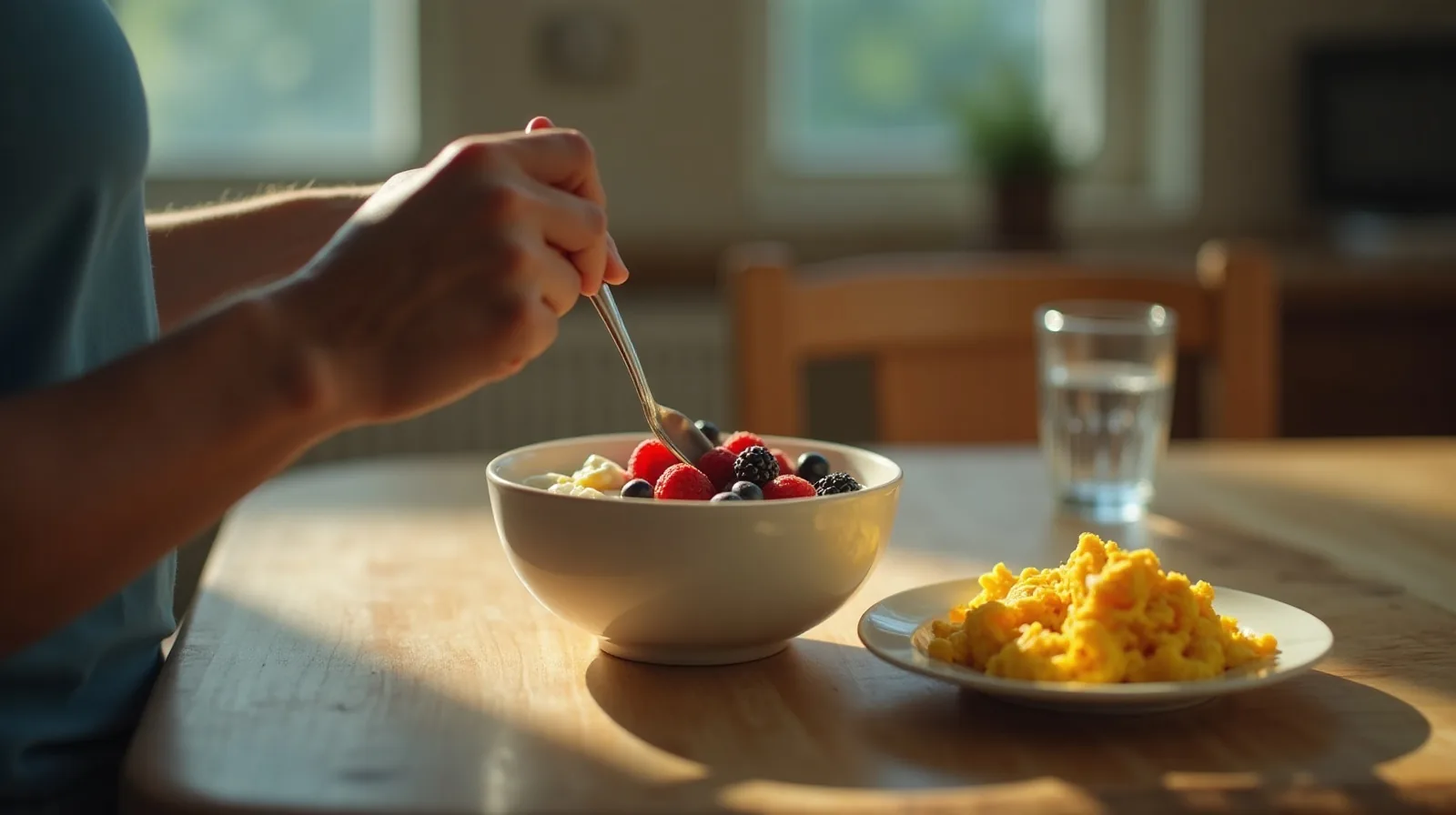 A person seen from behind eating a yogurt and berry breakfast at a kitchen table beside a plate of scrambled eggs and a glass of water