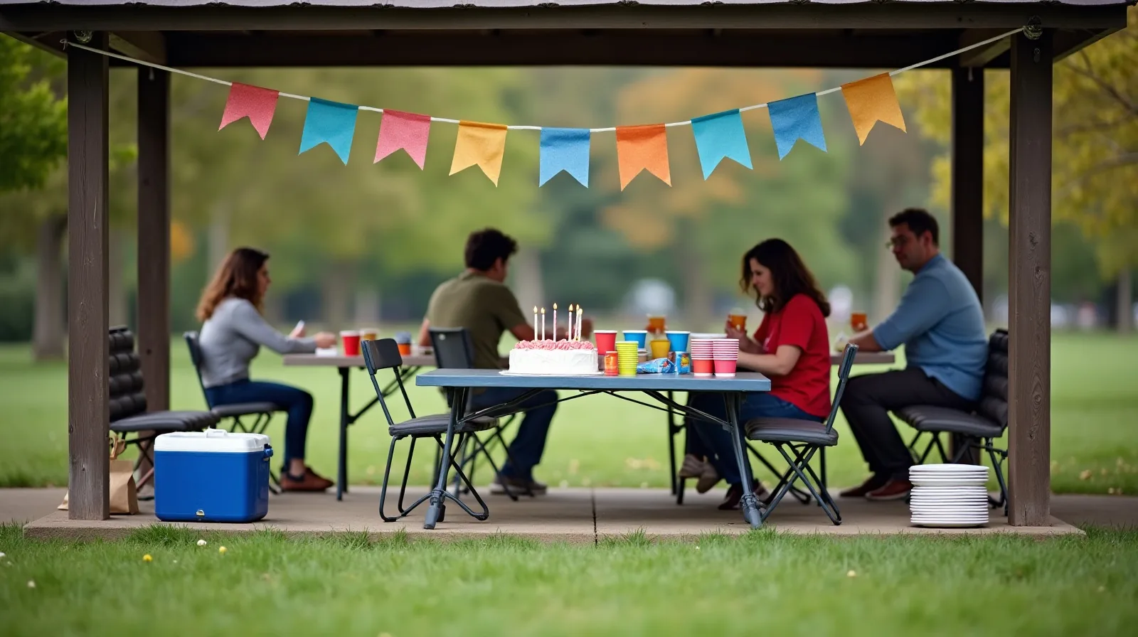 A park picnic shelter set up for a birthday with a folding table, a homemade sheet cake, a paper garland strung between posts, a cooler on the grass and two adults unfolding chairs, seen from behind