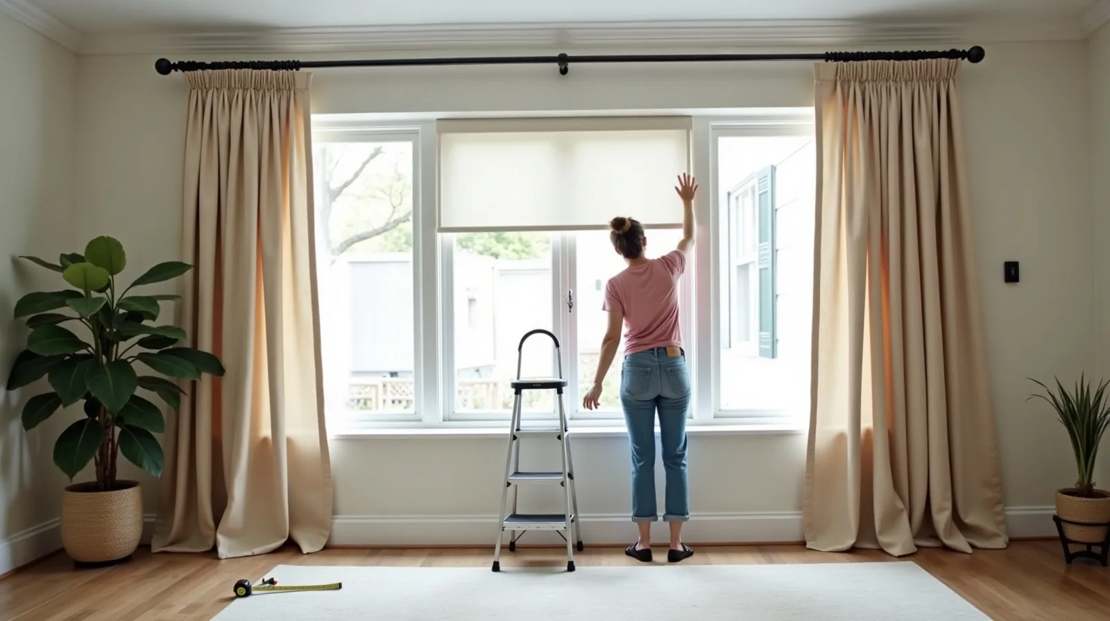A living room wall where floor-length curtains hang from a rod mounted near the ceiling and well past the window frame, with a roller blind half lowered behind and a stepladder on the rug
