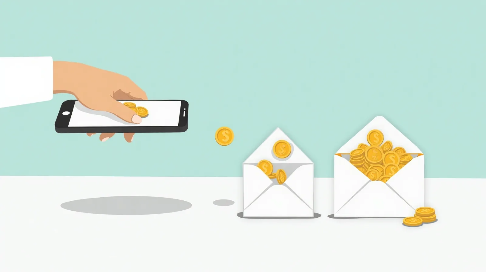 Flat illustration of pale outlined coins streaming from a phone and becoming solid coins that land in a row of open envelopes