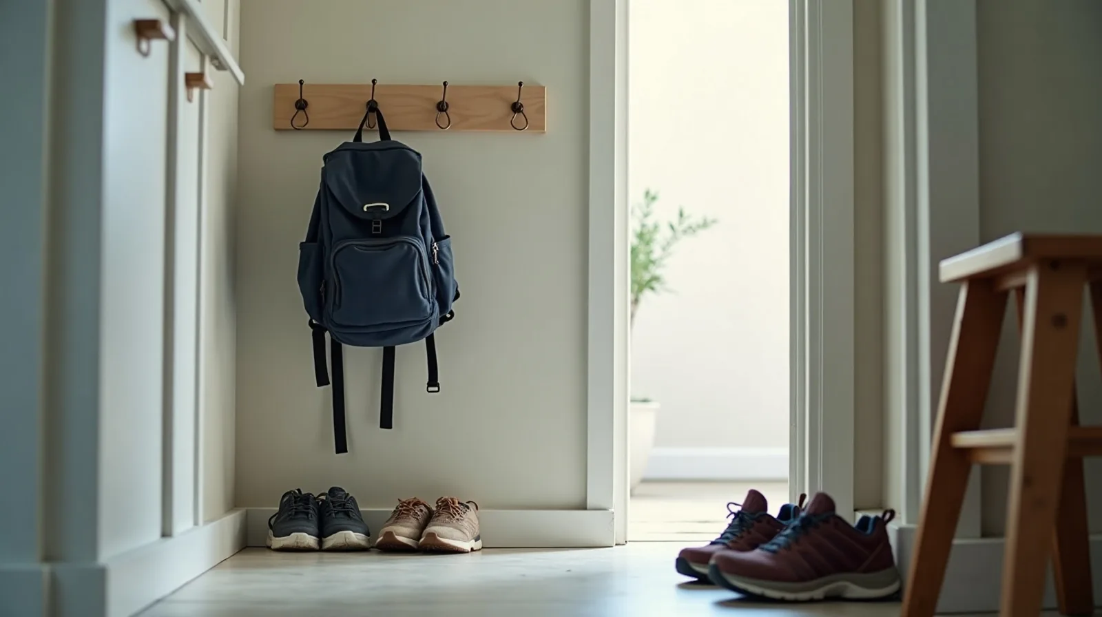 Low coat hooks by a back door holding a small backpack hung crooked, with a shallow bin of muddy sneakers and a wooden step stool against the wall