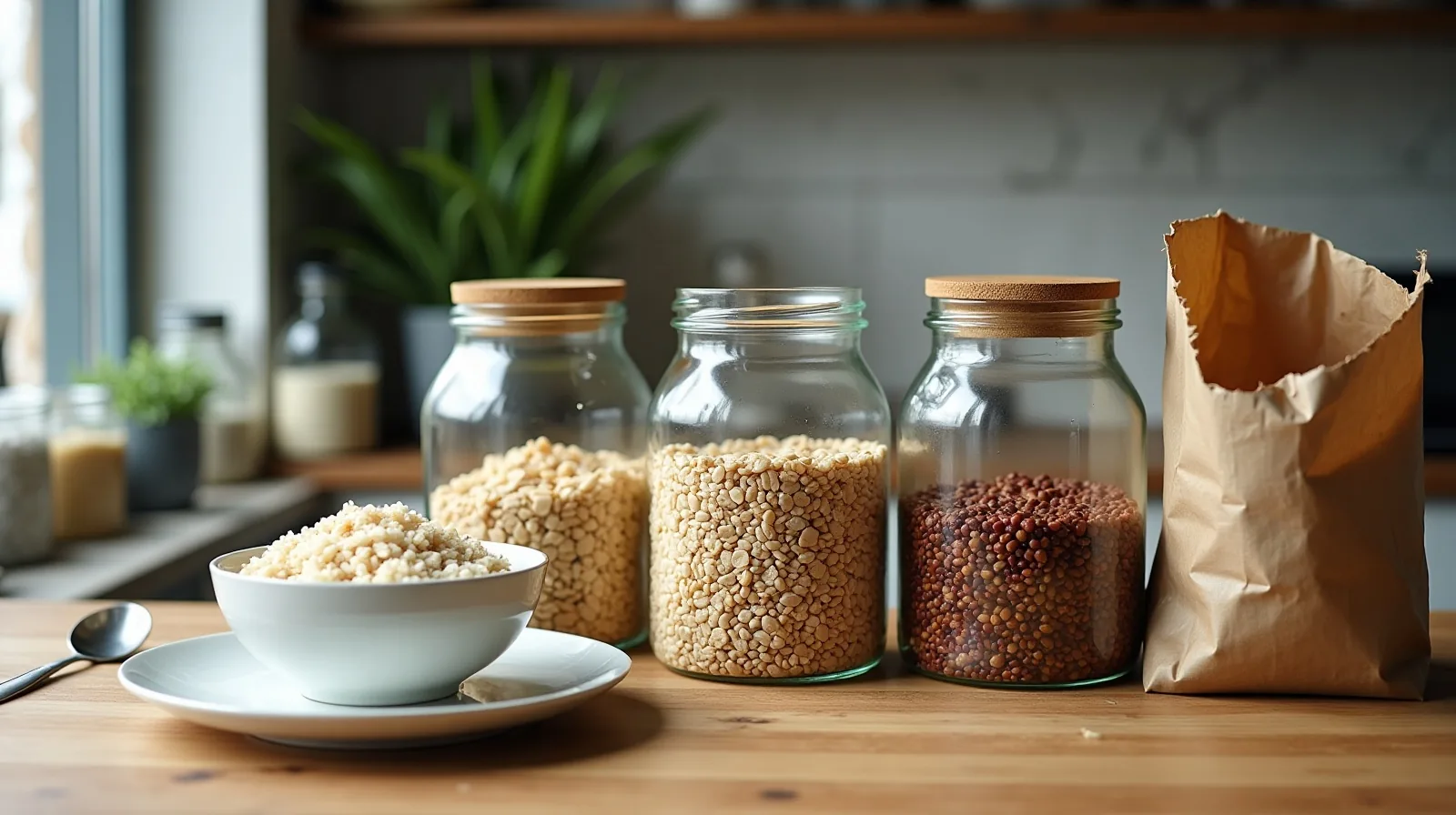 A wide kitchen counter with a plated bowl of rice and beans beside open glass jars of grains and lentils decanted from a large paper sack leaning against the pantry door