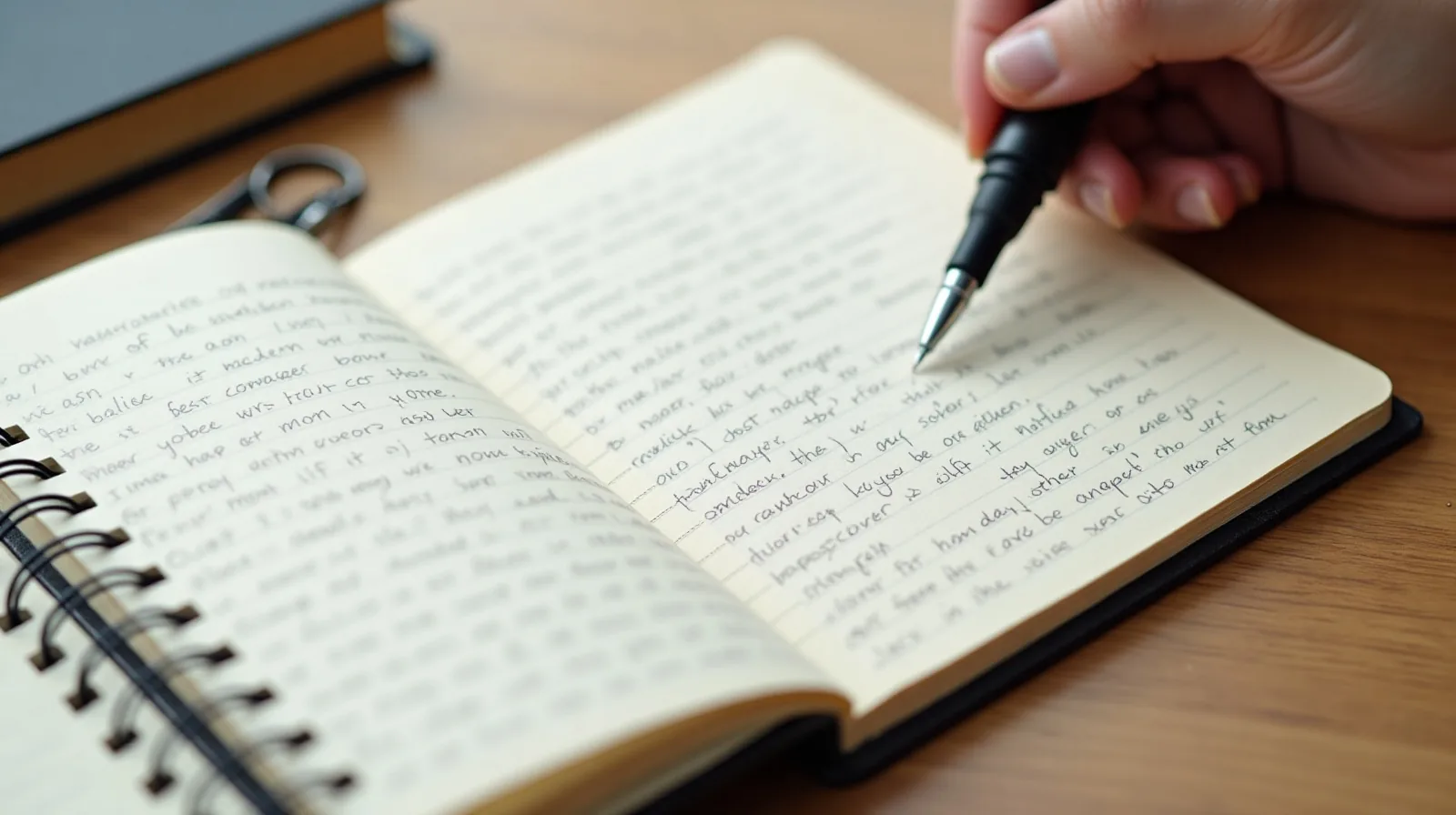 A close view of a dotted notebook open on a plain desk, covered in short logged lines with dot and circle marks, a fine-tip pen resting across the page