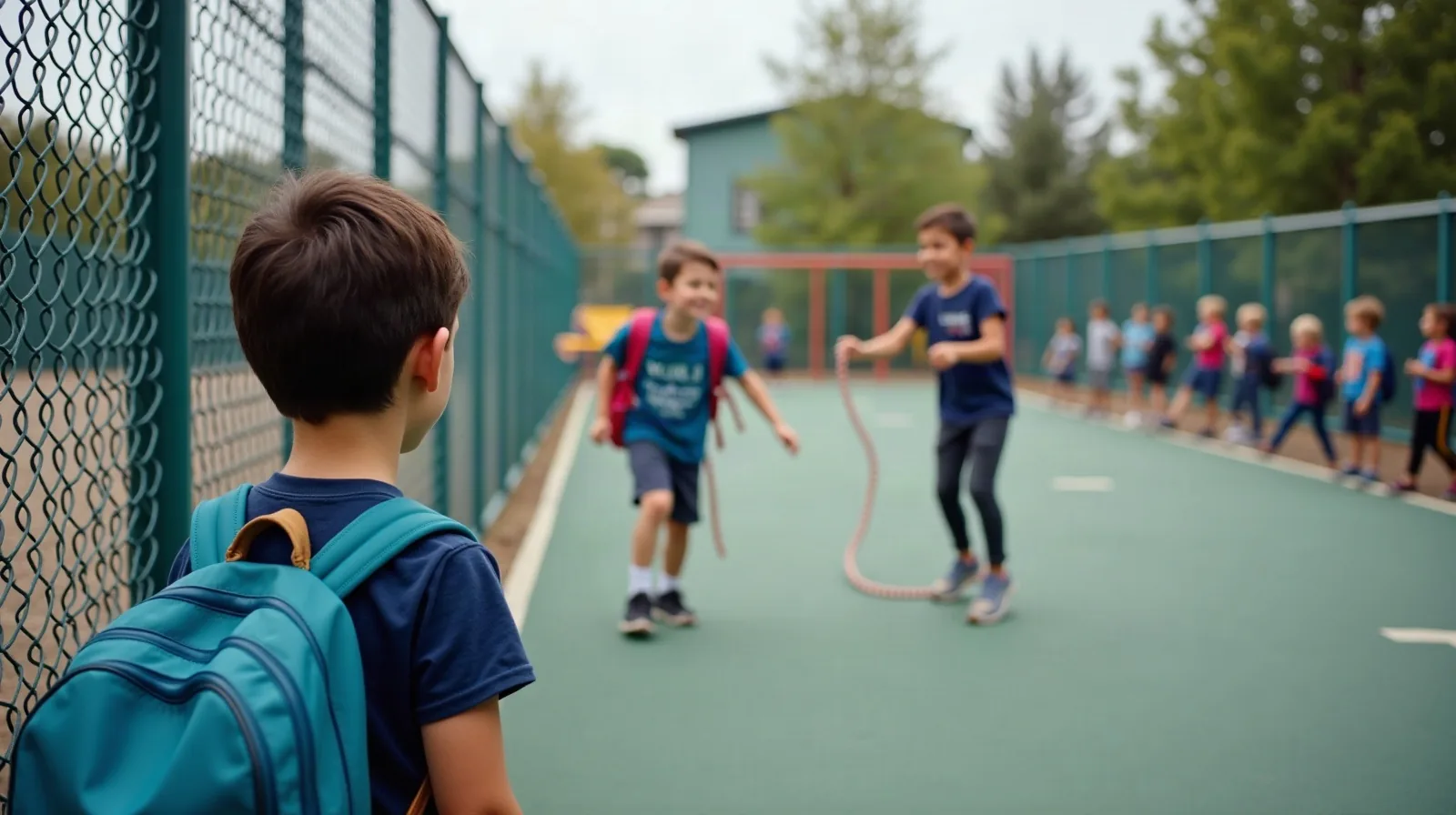 A child standing near a chain-link playground fence looking toward two other kids playing with a jump rope in the middle distance, backpacks lined up along the fence, a climbing structure and more kids scattered further back in the schoolyard