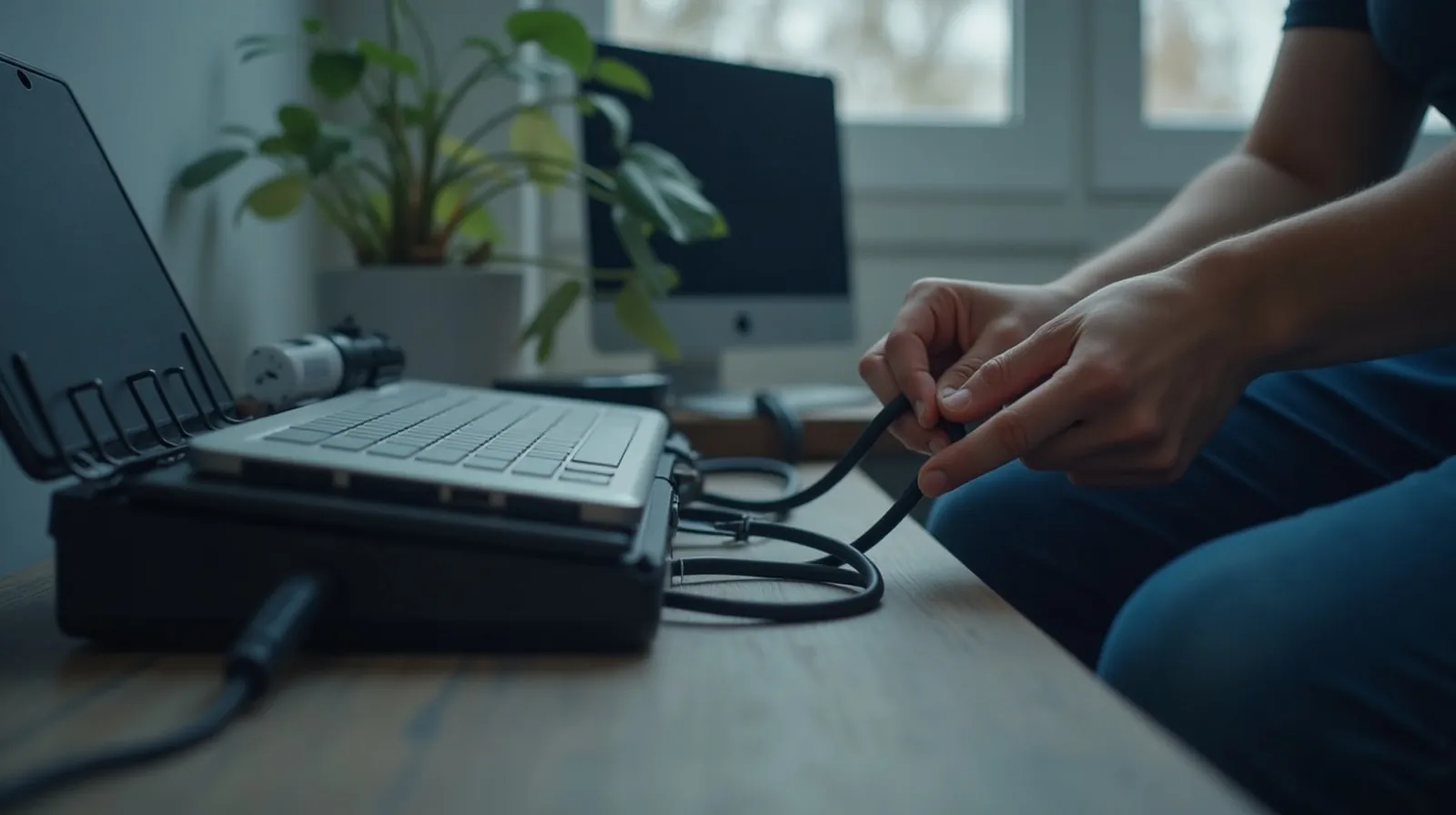 A person kneeling beside a desk seen from behind, threading a charger cord through a clip on the desk edge with a power strip box below