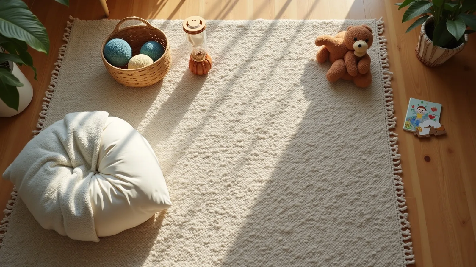 An overhead view of a calming corner set out on a low-pile rug with a floor cushion, folded knit blanket, basket of textured balls, sand timer and a plush animal