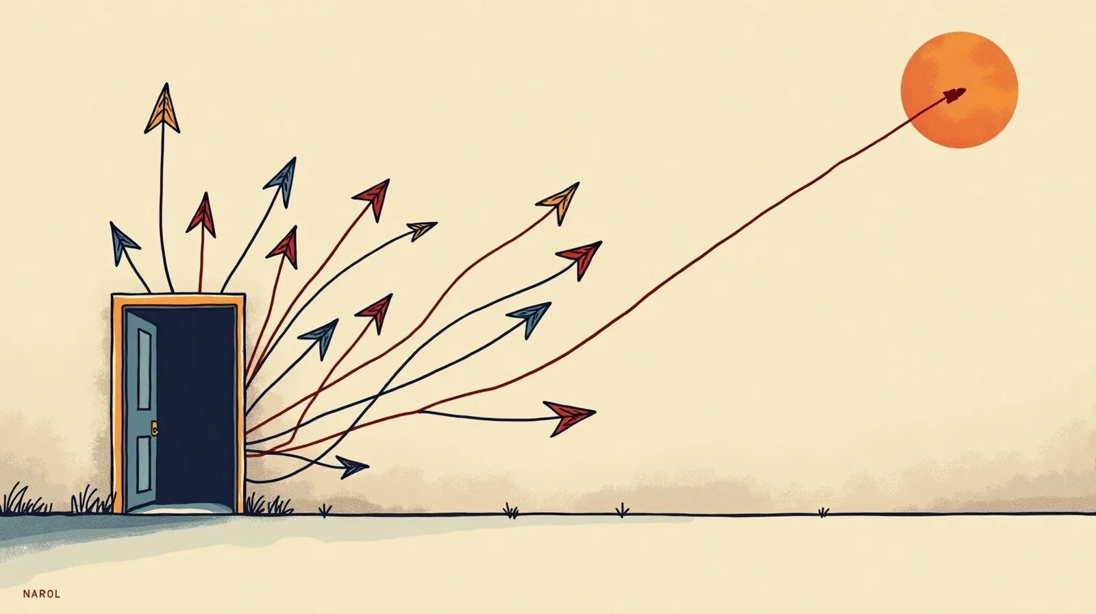 Flat illustration of tangled arrows under a moon straightening into one smooth line that runs through an open door under a sun