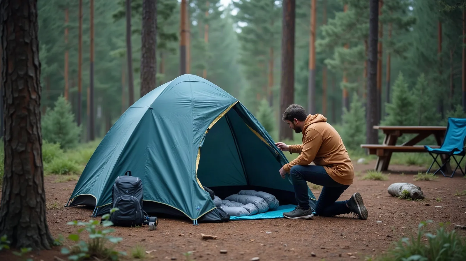 A person kneeling beside a partly assembled dome tent on level ground at a forest campsite, threading a tent pole through a fabric sleeve, a rolled sleeping pad and a backpack propped against a nearby log, tall pine trees ringing a small clearing, a folded camp chair waiting on a picnic table in the background