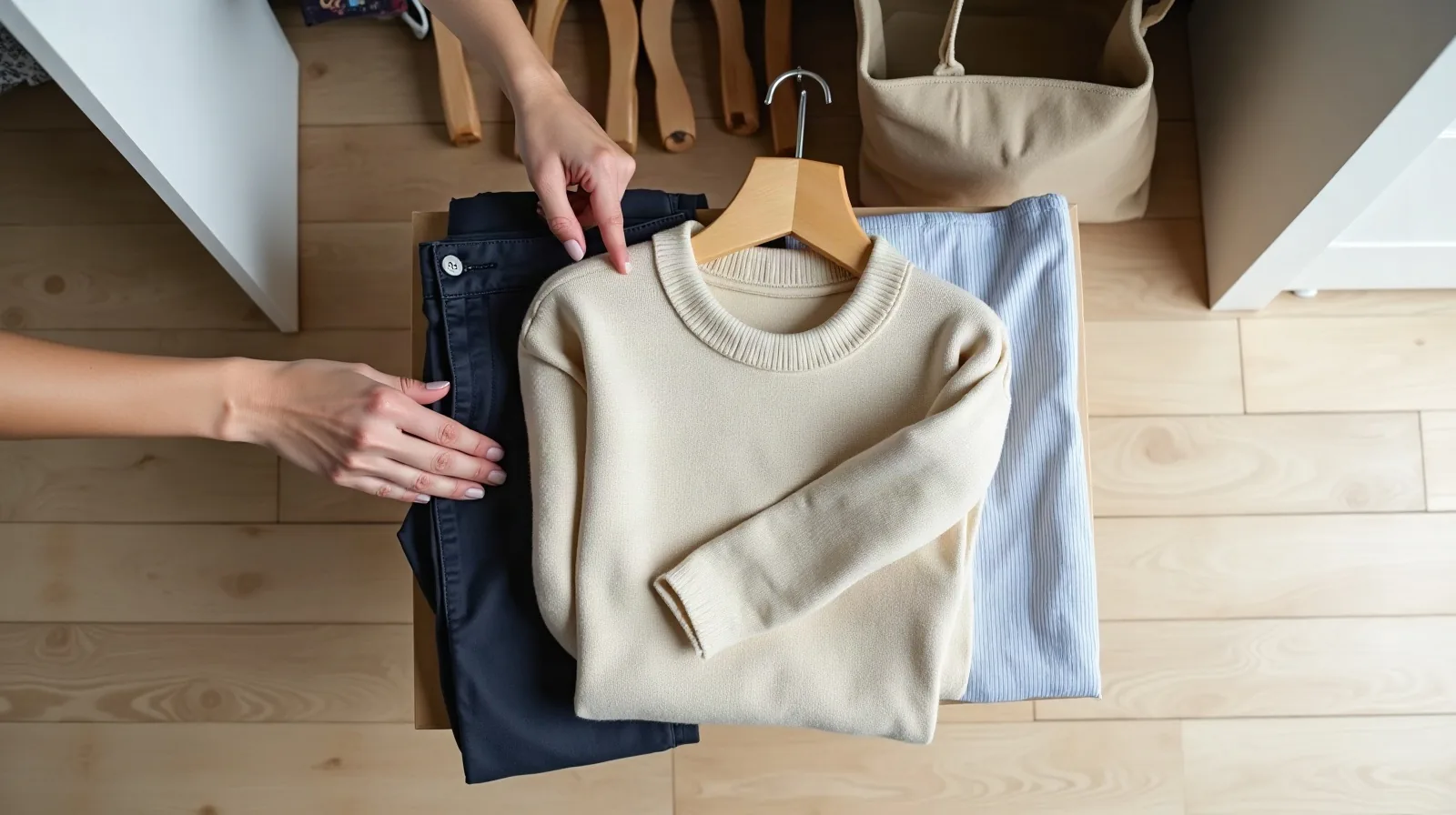 Overhead flat-lay of a small edited stack of folded neutral clothing next to a few empty wooden hangers on a light bedroom floor, one hand adjusting the corner of a folded sweater