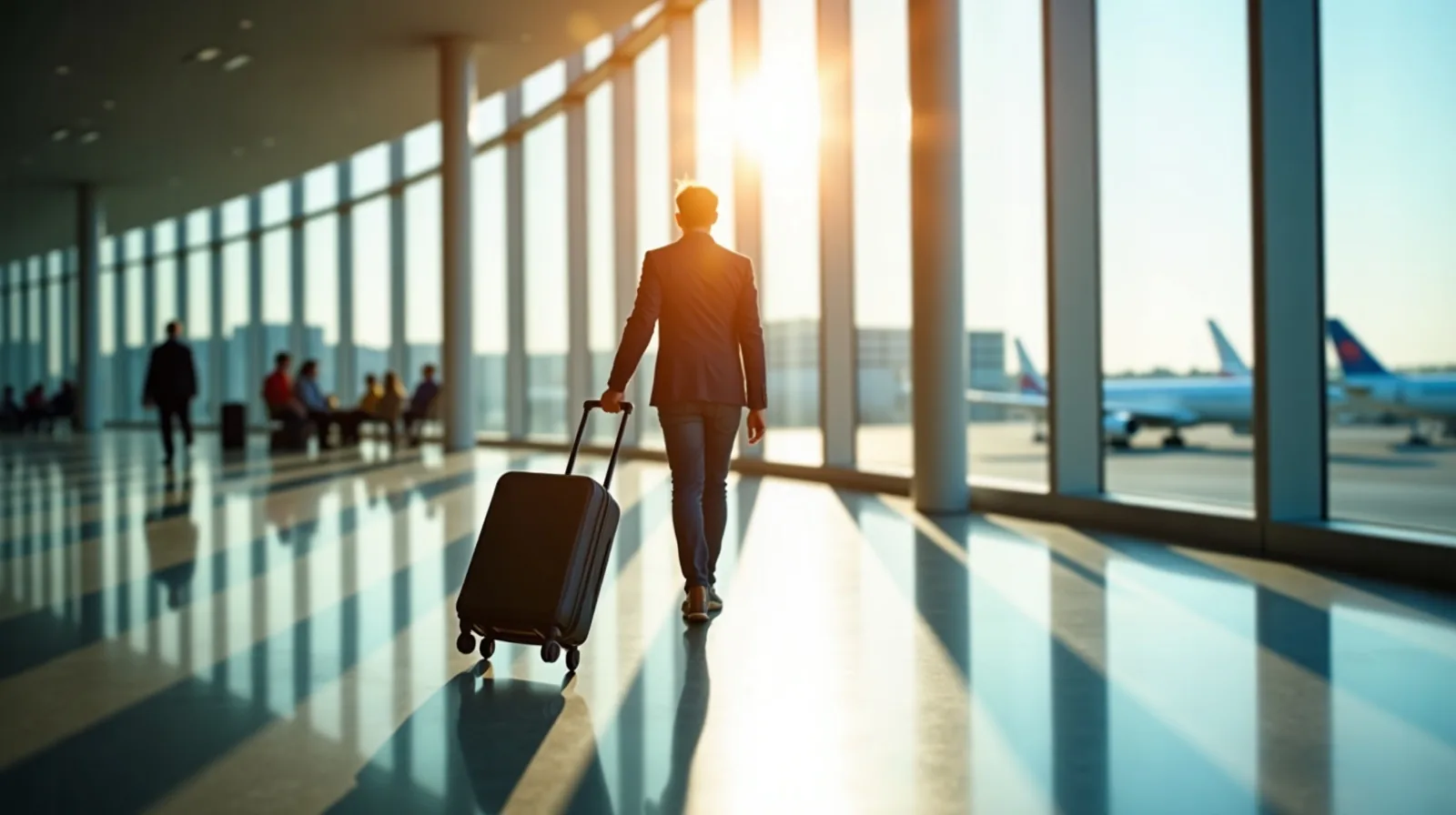 A traveler seen from behind wheeling a small carry-on along an airport concourse with planes visible through tall windows