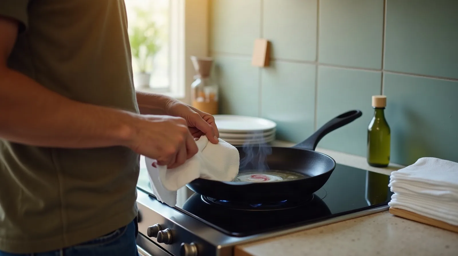 A person seen from behind at a stovetop, using a folded paper towel to rub a thin layer of oil across the inside of a black cast iron skillet resting on a lit burner, a small bottle of cooking oil and a stack of clean paper towels on the counter beside the stove