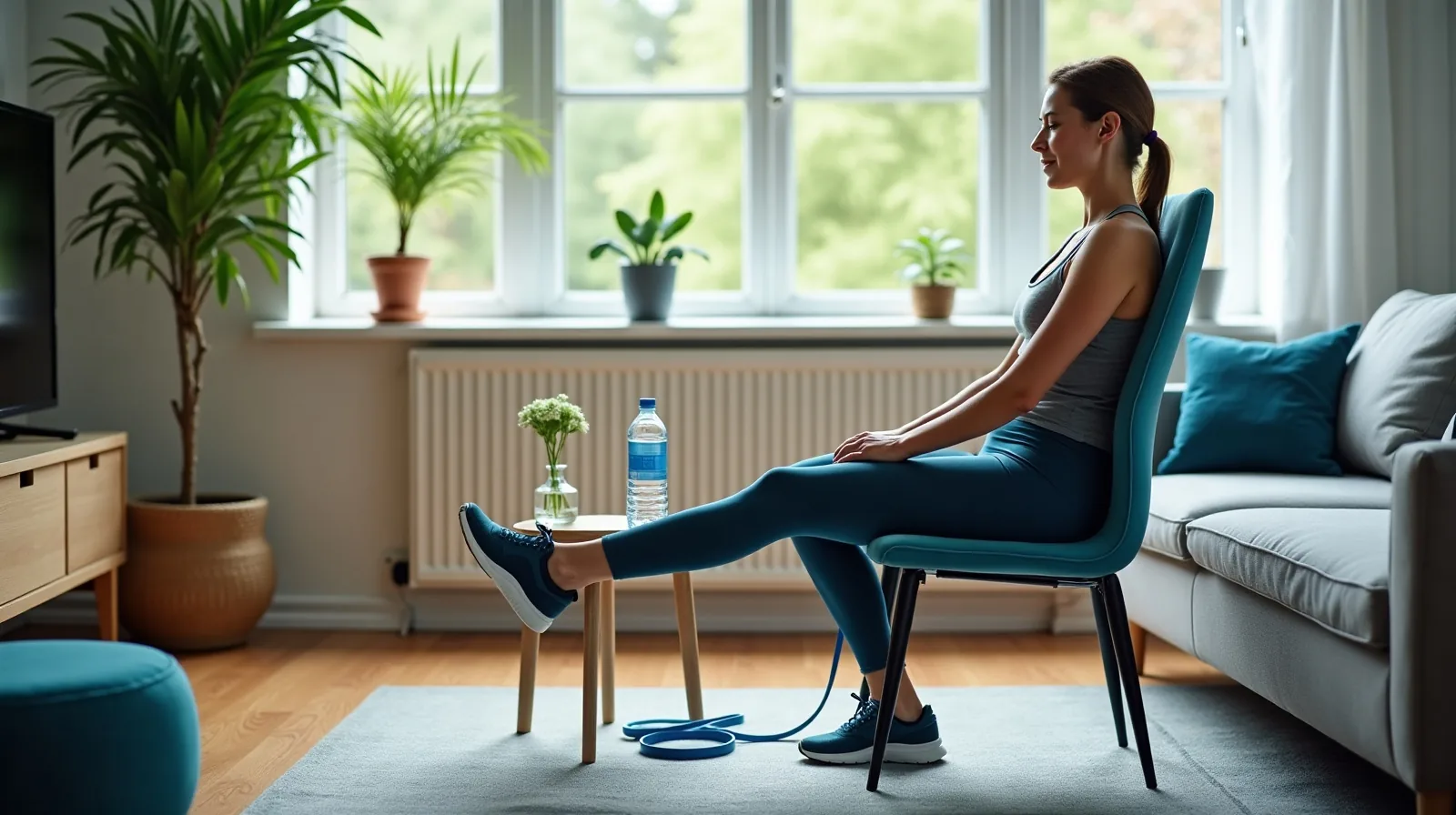 A living room corner set up for seated exercise with a sturdy chair, a resistance band, and water bottles