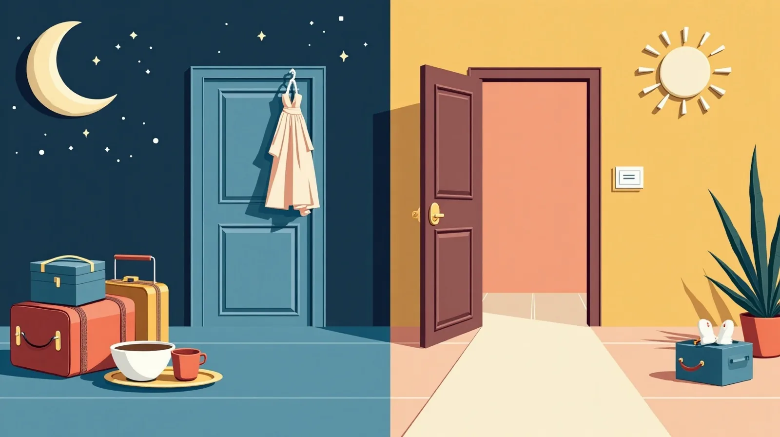Illustration of a bag, outfit, and breakfast bowl staged by a door at night, with a clear path out the open door in the morning.