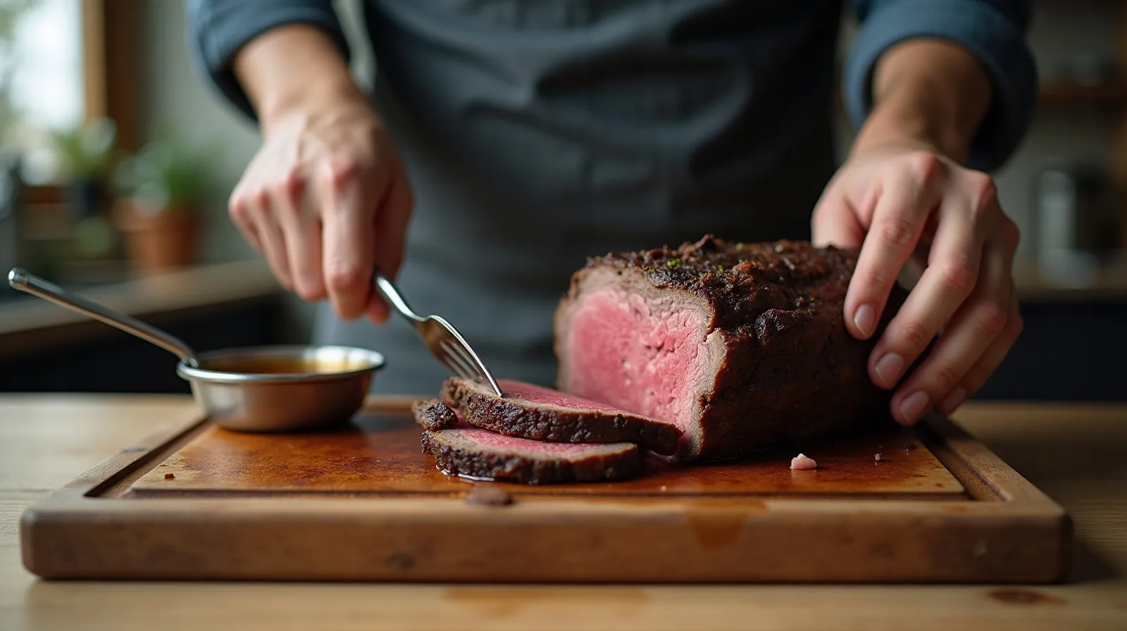Hands carving a browned beef roast into thin slices on a wooden cutting board with a carving fork and a small pan of sauce beside it