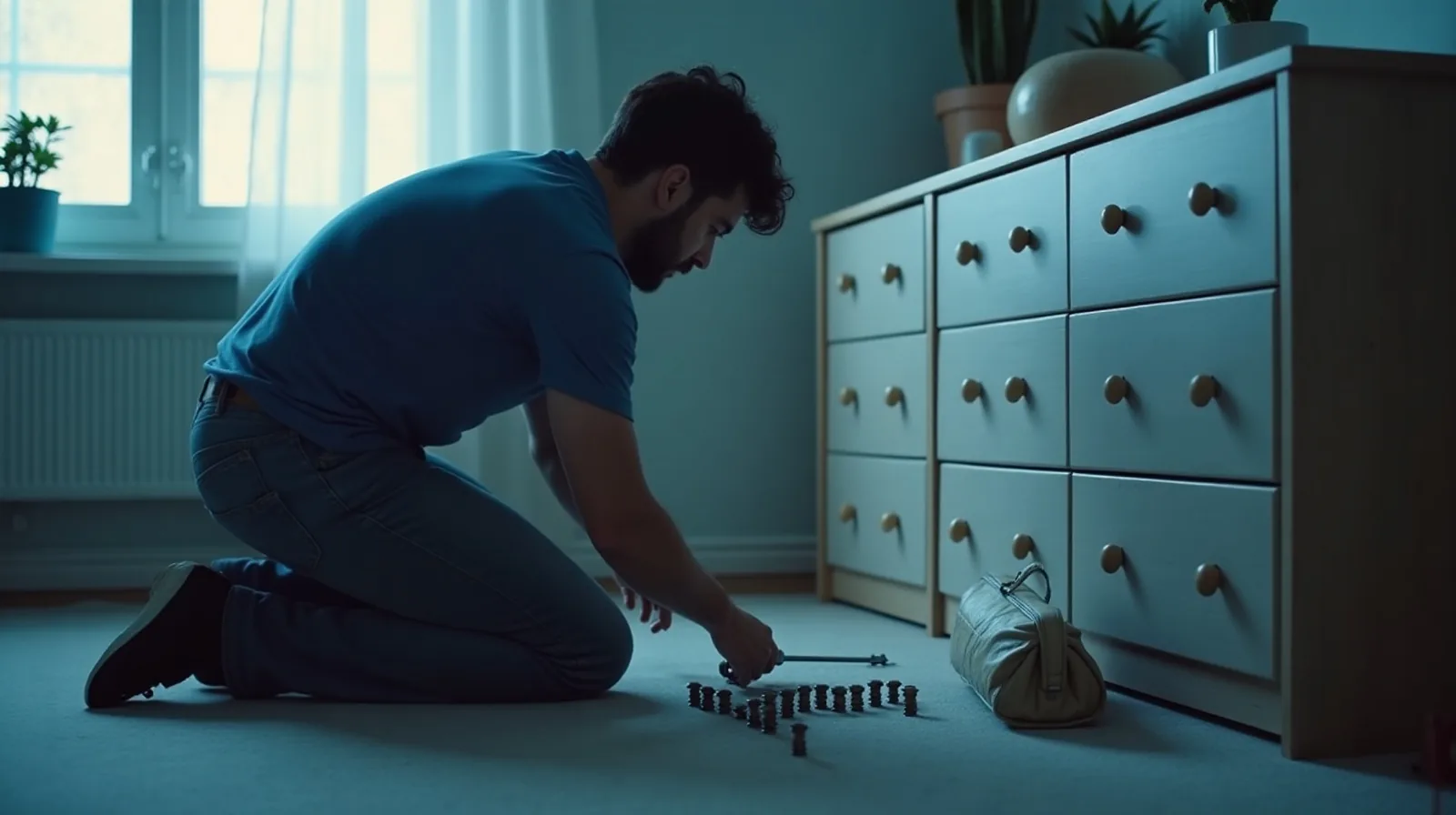 A person kneeling at a dresser swapping its knobs for new metal pulls.