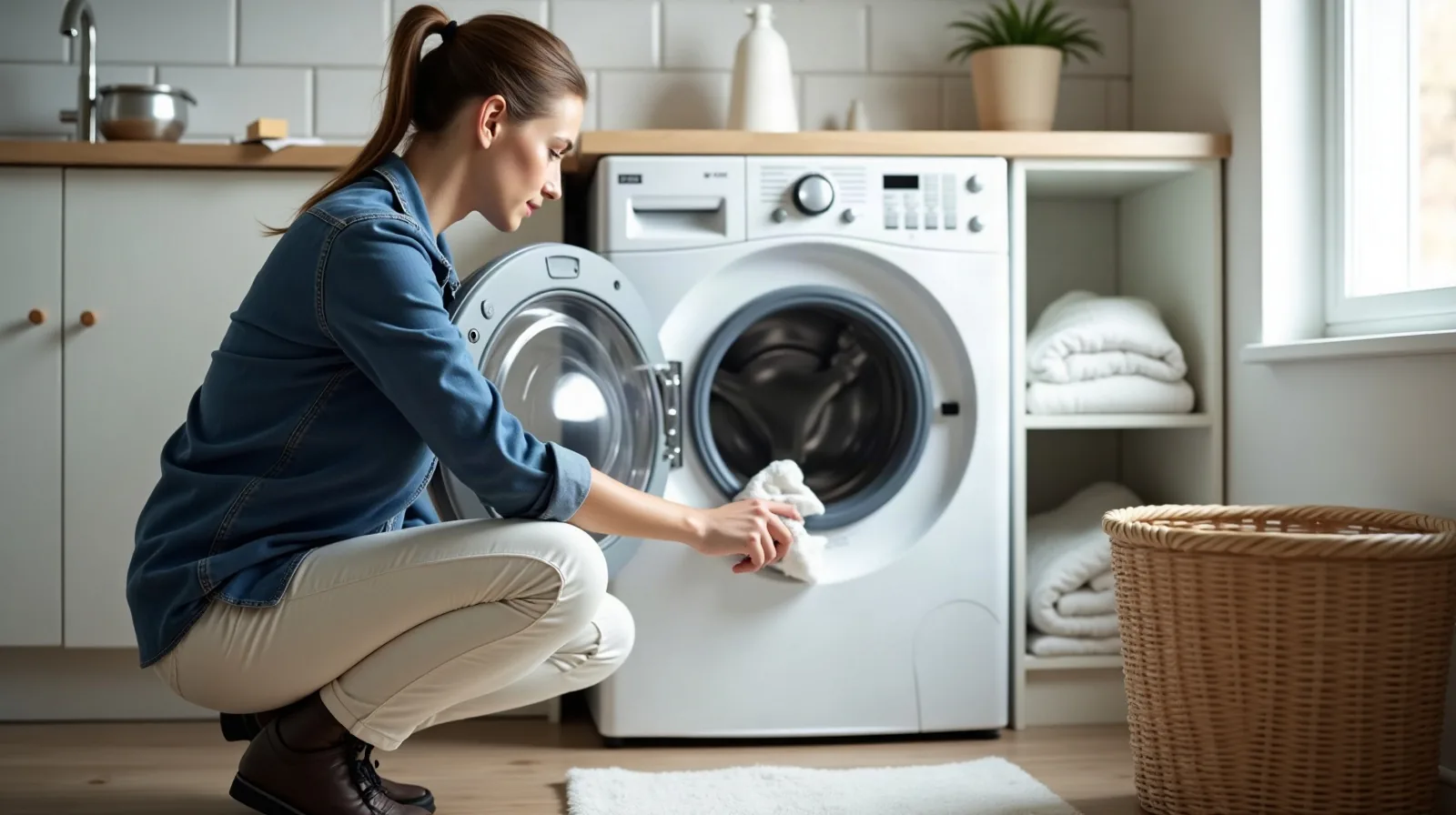A person crouching beside an open front-loading washing machine in a bright laundry room, wiping the rubber door seal with a white cloth while folded towels sit on shelves and a wicker laundry basket stands nearby