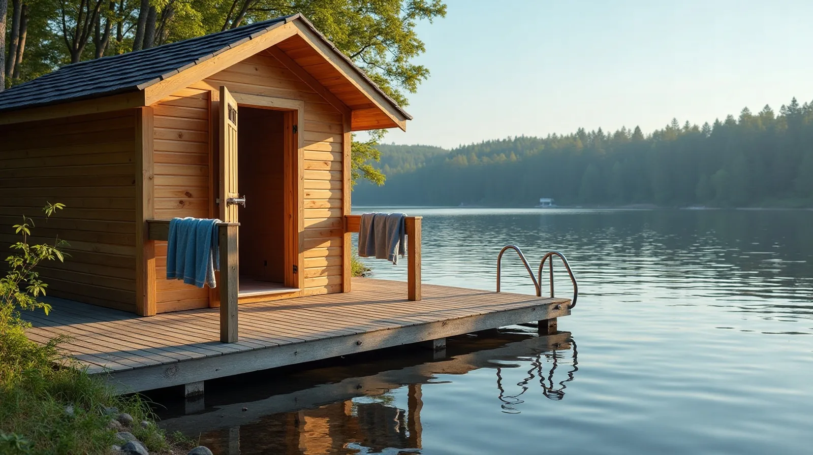 A lakeside wooden sauna cabin with towels on the deck rail and a swimming ladder leading from the dock into the water