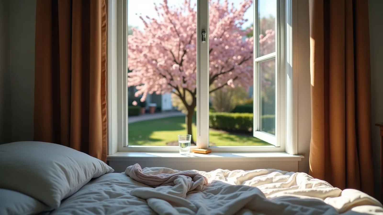 An open bedroom window looking out onto a flowering tree, with a crumpled tissue box and a half-full glass of water on the sill and a rumpled duvet on the bed.