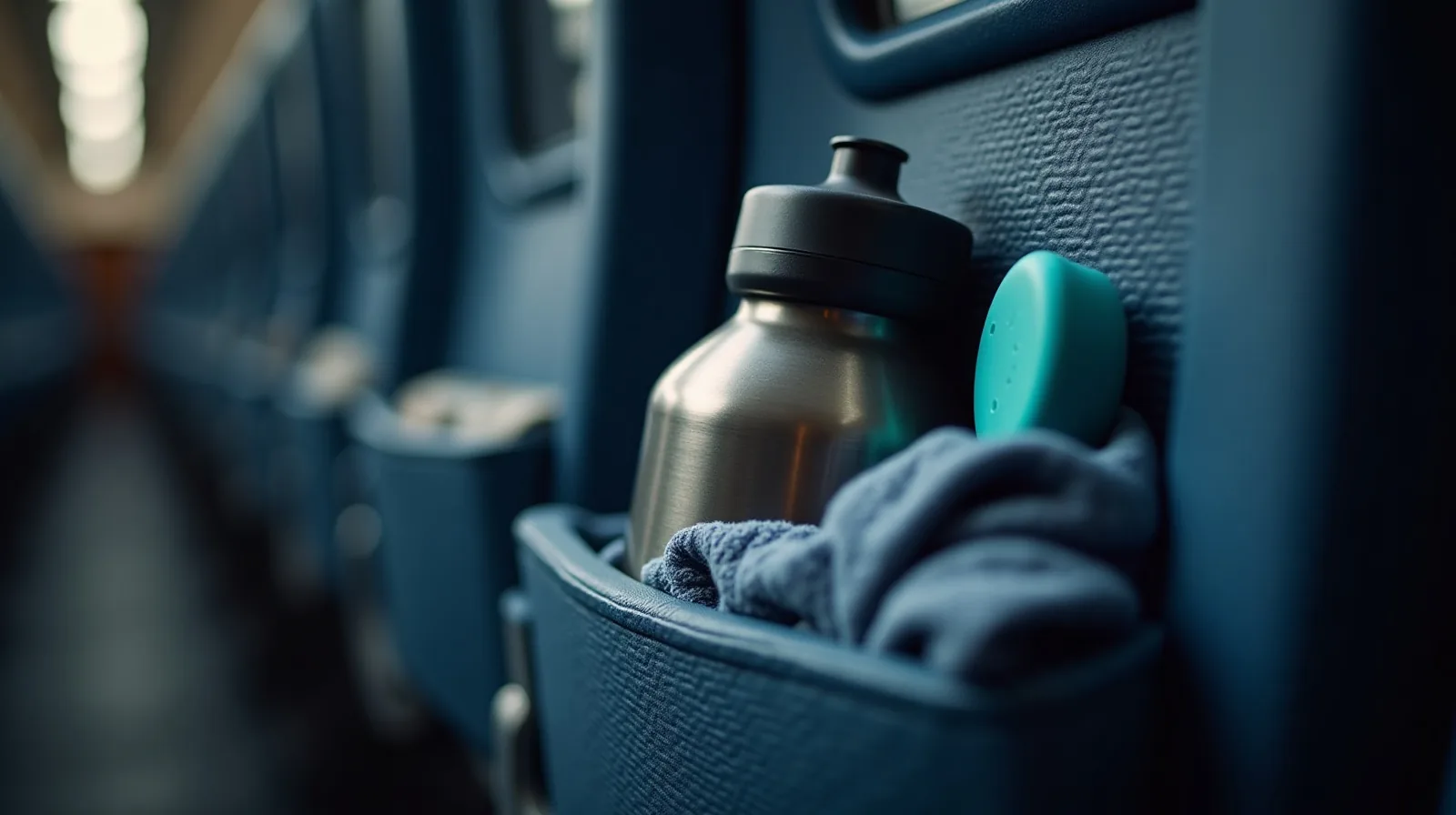 A sleep mask, earplugs and a refillable water bottle in a train seat-back pocket with a folded sweater beside them