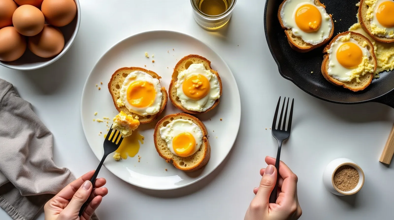 Overhead view of two hands with forks eating halved fried eggs on toast from a white plate, a cast iron skillet of more eggs on toast, a bowl of brown eggs and a gray linen napkin on a white counter
