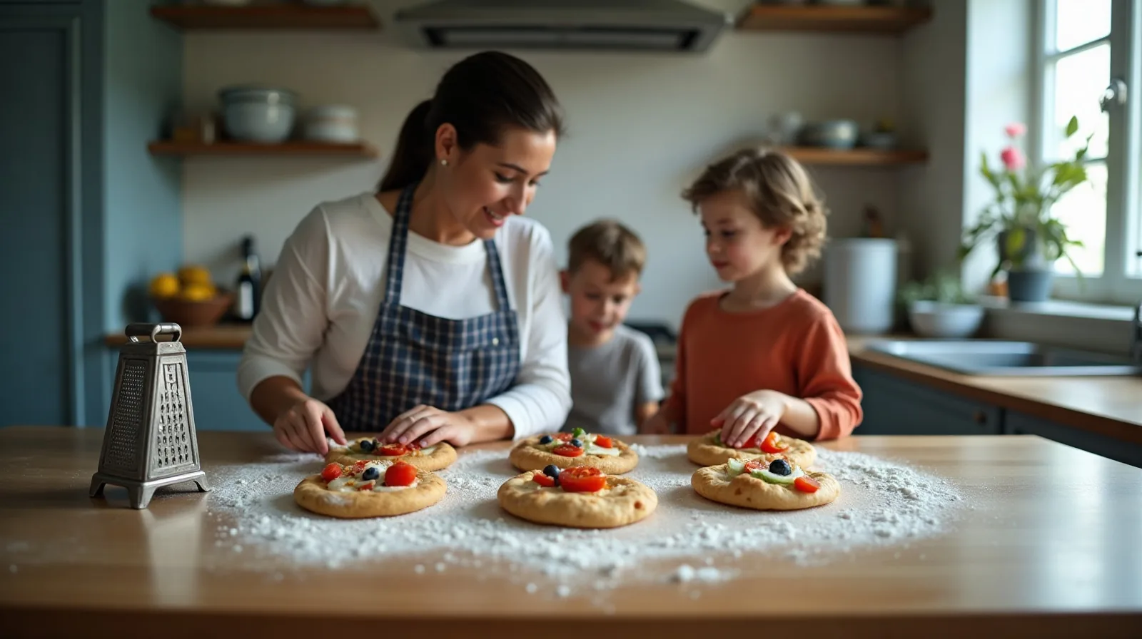 Seen from behind, an adult and two children stand at a kitchen island pressing toppings onto flatbreads, with flour dusted across the counter and mixing bowls pushed aside.