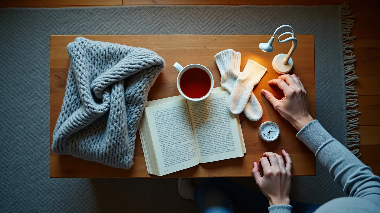 An overhead view of a low wooden table holding a folded wool throw, a stack of books, a mug of tea, thick socks and a small lamp with its cord coiled beside it, with a hand resting at the edge of the frame