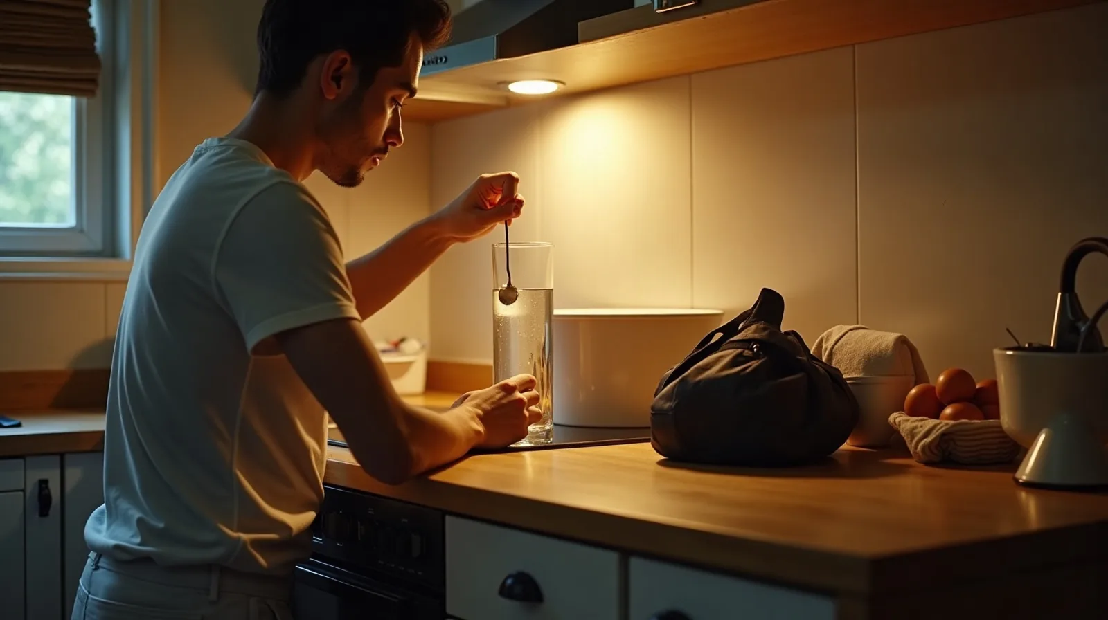 A person seen in profile at a kitchen counter stirring a glass of water with a spoon, beside a plain tub with its scoop resting on the counter and a gym bag slumped on a stool